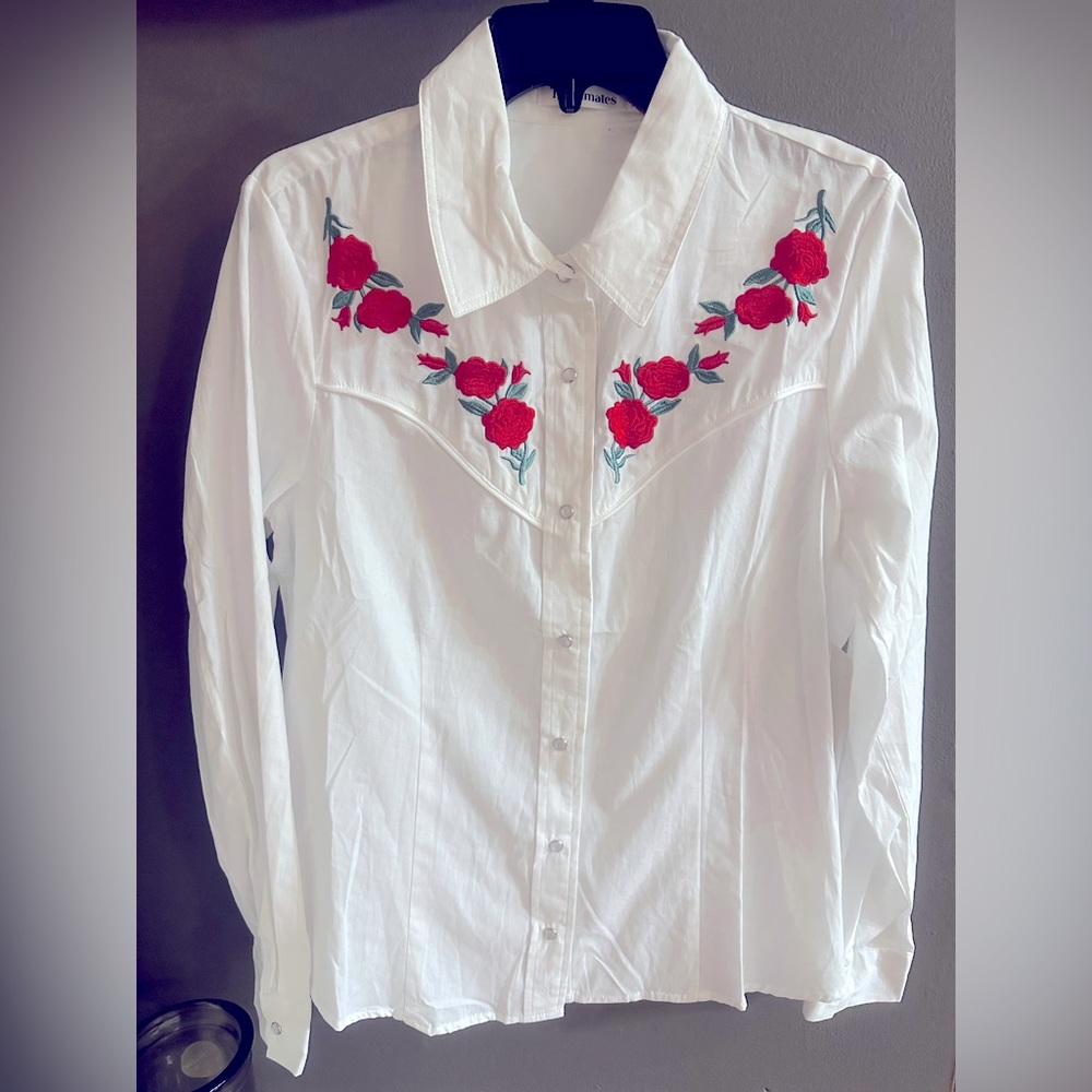 White Button-Down Shirt with Red Rose Embroidery